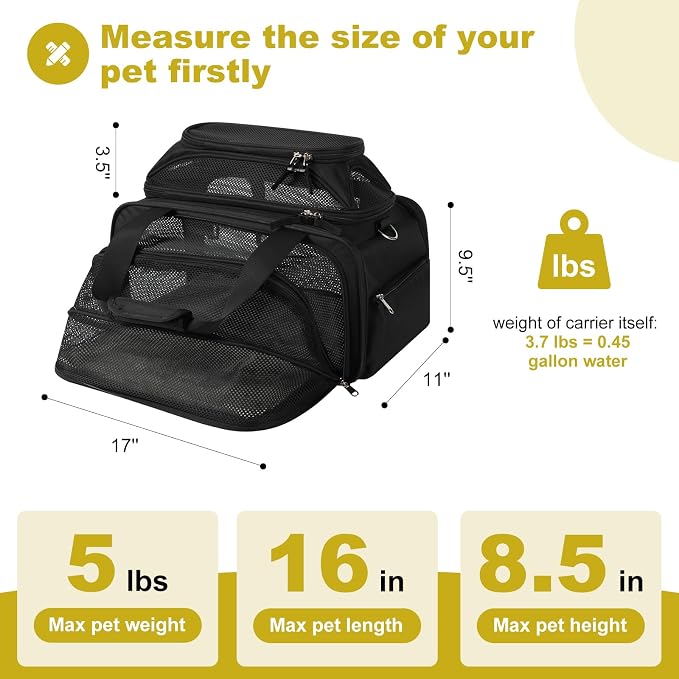 pidipiti 17x11x9.5 Soft-Sided pet Carrier,for Extra-Small Dog or Medium cat | top and 1 side Expandable,for Alaska Hawaiian Southwest Airline ,TSA Approved,with 2 pockets,zipper lock,leakproof