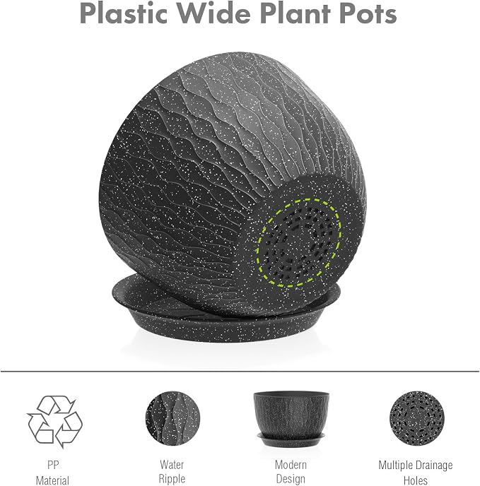Meowell 12/10/9 inch Large Flower Pots, 3 Set Big Plant Pots for Outdoor Indoor Plants with Water Ripples, Wide Plastic Planters with Drainage Holes and Saucers for Garden House Plants, Speckled Black