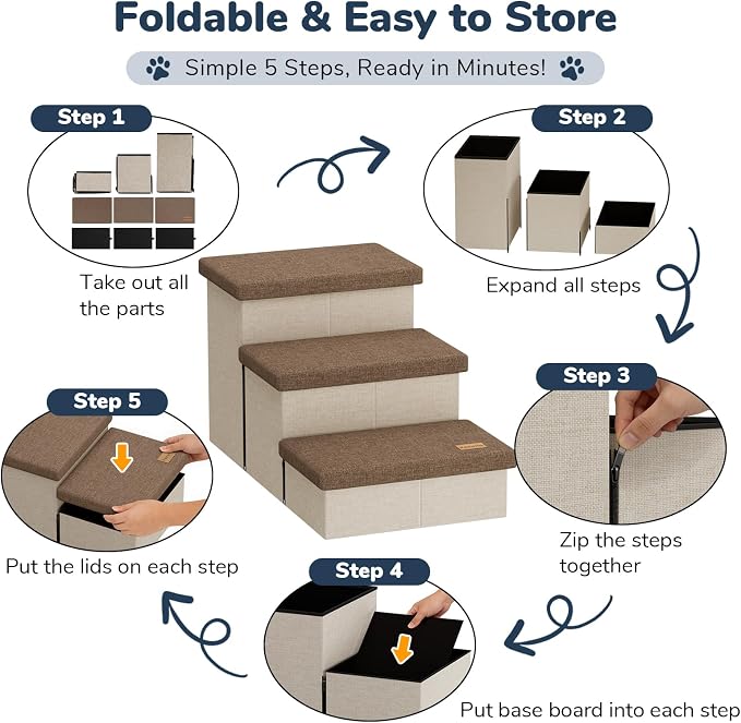 3-Step Wide Dog Stairs with Hidden Storage 18" H, Non-Slip Dog Steps for High Bed Couch Car, Jiont-Friendly Pet Stairs Ramp for Small/Medium/Large Old Dogs Cats Up to 220lbs, Beige&Coffee Lid