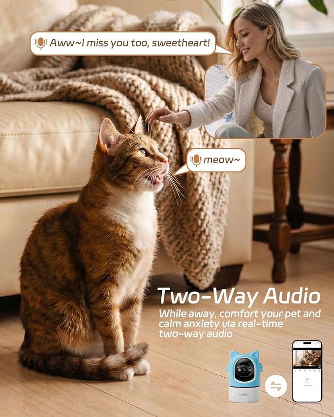 ALIOBC Pet Camera with Phone App Laser Toy 2K Cat Camera no Subscription | Auto Tracking Night Vision 355° Pan 2-Way Audio Dual-Band WiFi Indoor Pet Cam （Sky Blue）