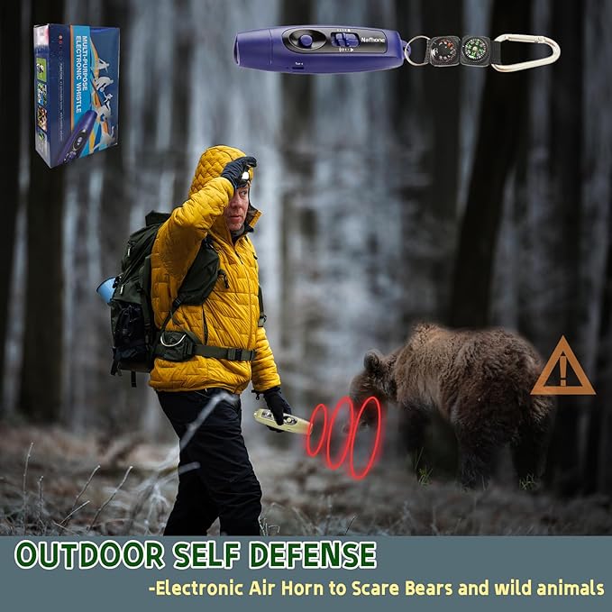 Rechargeable Bear Horn to Scare Bears, 125dB Electronic Air Horn with LED Flashlight & Compass & Thermometer, Electronic Whistle Bear Bells for Safety Hiking Camping Emergency Self Defense