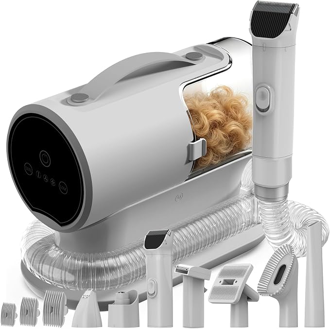 Dog Grooming Vacuum Kit, Pet Hair Vacuum for Shedding & Trimming | 12000Pa 8-in-1 Grooming Kit with Clipper, Deshedding Brush, Paw Trimmer and Nail Grinder, 2L Dust Cup, Low Noise, PG100 PLUS