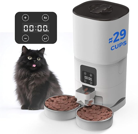 PAPIFEED Automatic Cat Feeder for 2 Cats, 7L Large Capacity Food Dispenser for Multiple Pets, Timed Cat Feeder for Dry Food, Detachable for Easy Cleaning, Up to 12 Portions 6 Meals Per Day - White