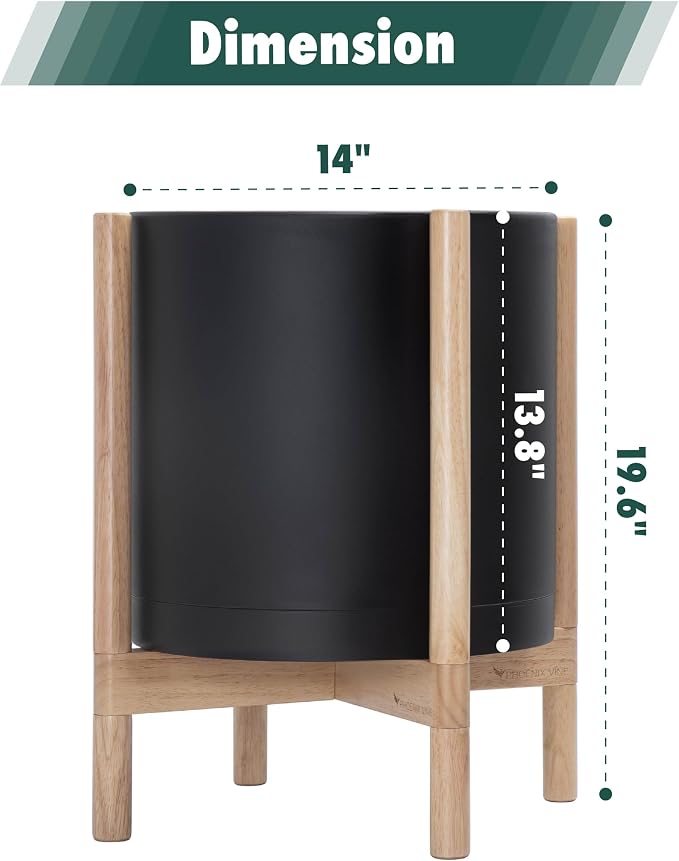 D'vine Dev Plastic Pot with Natural Wood Stand, Black, 14 in, 55-C-S-2 | Mid-Century Inspired Design, Elevated Plant Display, Clean Lines, Sturdy Support, Modern Space-Saving Style