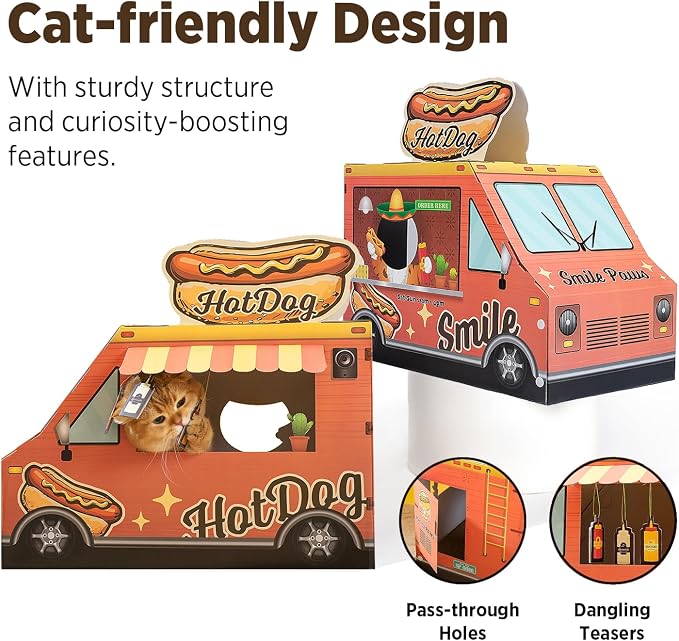Cat Beds for Indoor Cats, Cardboard Cat House with Scratchers, Hot Dog Truck, Large Sturdy Cat Furniture Condo Cave Tent, Easy to Assemble Pet Toys Accessories Stuffs, Bunny Small Animals