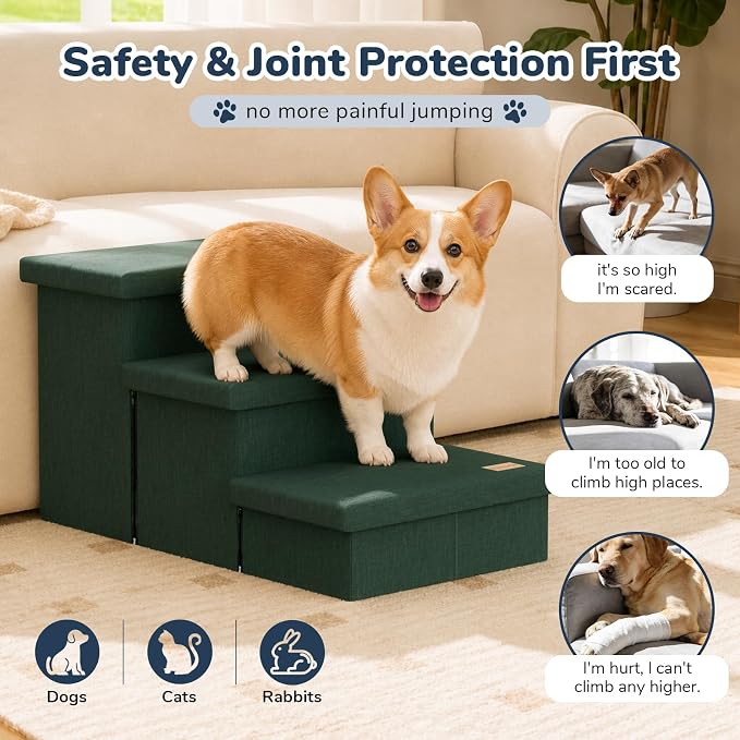 3-Step Wide Dog Stairs with Hidden Storage 18" H, Non-Slip Dog Steps for High Bed Couch Window Car, Jiont-Friendly Pet Stairs Ramp for Small/Medium/Large Old Dogs Cats Up to 200lbs, Dark Green