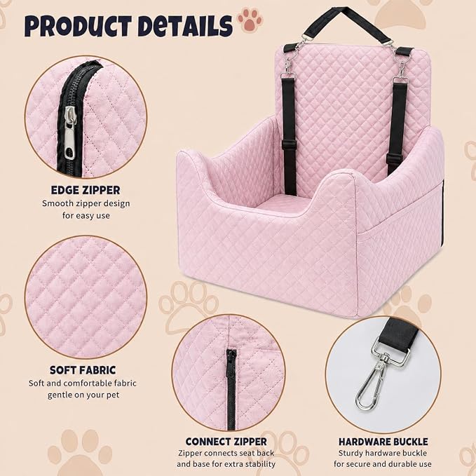 Dog Car Seat for Small/Medium Dogs Under 35lbs | Soft Memory Foam Booster Car Seat with Detachable Washable Cover and Cushion, Puppy Dog Car Bed