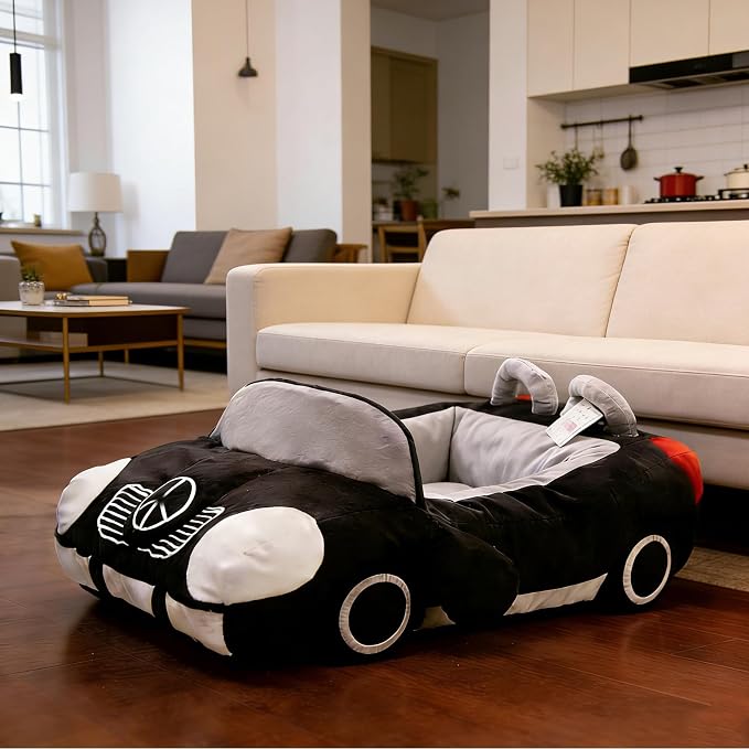 Sports Car Shaped Pet Dog Cat Bed, Fashionable Deluxe Cozy Cute Car Pet Bed Design, Soft Upholstered Plush Sofa, Durable Washable Anti-Slip Bottom Dog Beds (Contains Cushion) (Black)