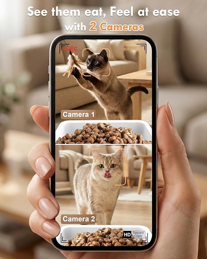 Yakry Automatic Cat Feeder for 2 Cats - Two HD Cameras Easy Setup 5GHz Stable WiFi Dog Food Dispenser with HD Night Vision - 8L Pet Feeder with Dual Bowls for Multi-Cat & Small Dogs Indoor