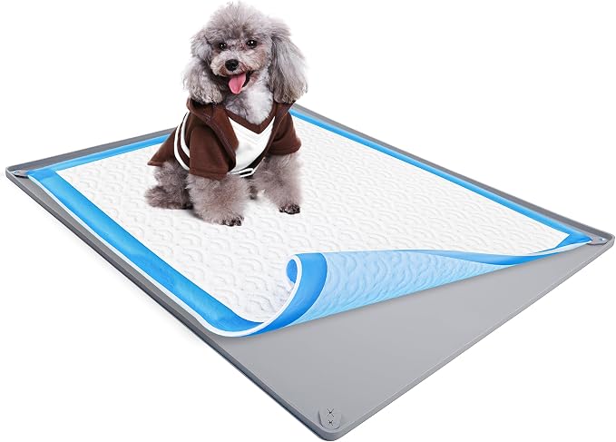 Dog Pee Pad Holder Tray Fits for 28” x 34” Pee Pads - 1 Pack - Light Grey | Corner Lock Holes, Raised Edges, Non-Spill, Easy to Clean Silicone Dog Potty Tray Holder, For Indoor Floor Protection