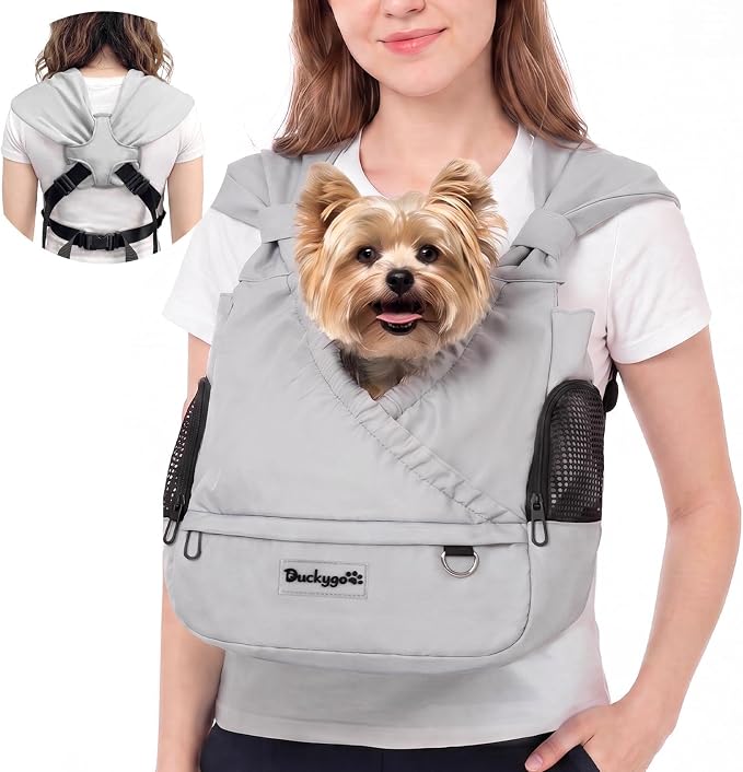 Small Dog Sling Carrier, Hands-Free, Gray, 4-13Lbs | Adjustable Bottom Support Front Backpack with Storage Pocket, Anti-Anxiety Breathable Side Mesh, Reduces Back & Neck Pain