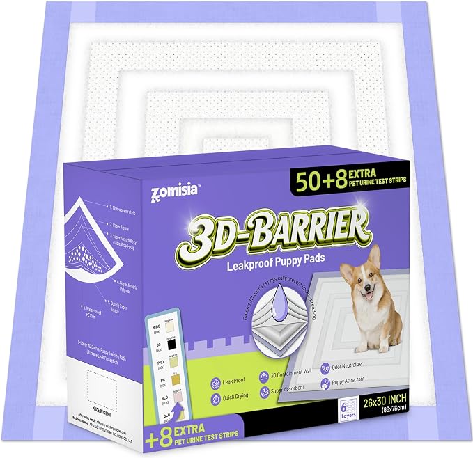ZOMISIA 3D-Barrier Puppy Pee Pads for Dogs, 12 Cups Absorb & Rise Puffy Gel-Wall Leak-Proof, 26"x30" 50 Counts + 8 Pet Urine Test Strips, Super Absorbent Disposable Potty Training Pads