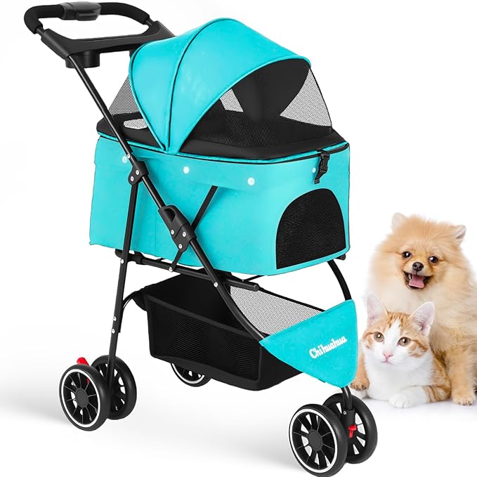 Pet Stroller,Dog Stroller for Small Medium Dogs Cats,3 Wheels,Mint Green | Foldable,with Breathable Mesh Canopy,Cup Holders,Easy Assembly