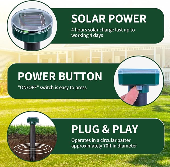 8PK new Green Mole Repellent for lawns Gopher Repellent Ultrasonic Solar Powered Snake Repellent Deterrent Mole Repeller Vole Repellent Outdoor Lawns Garden Yard All Pests Sonic Spikes Stakes Chaser