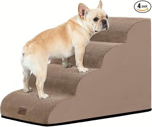 GoGoBunny Waterproof High Density Foam Curved Dog Stairs for High Beds Couches 19.7" H, 4-Step Ramp Dog Steps Friendly to Small Medium Dogs or Pets Joints, Non-Slip Balanced Durable Pet Step, Camel