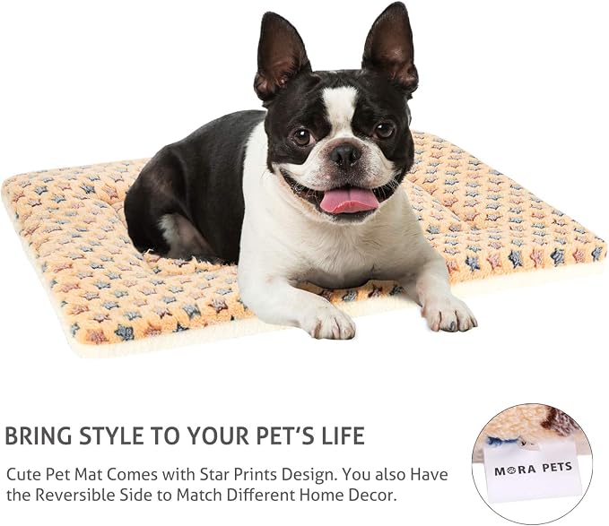 Mora Pets Dog Crate Pad Bed Ultra Soft Pet Mat Star Print Brown 23 x18 Inch | Washable Crate Mat for Small Medium Large Dogs, Reversible Fleece Dog Crate Kennel Mat Flat Cat Bed Liner