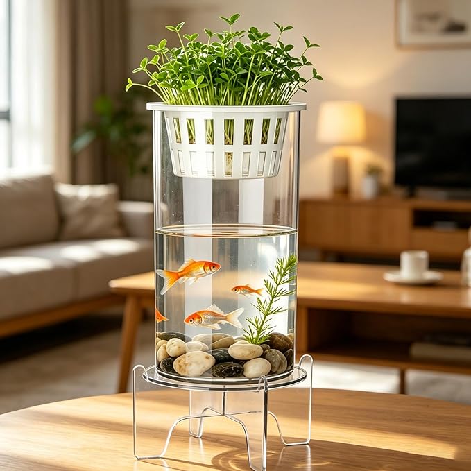 Thenshop 1.87 Gallon Plastic Aquaponic Planter and Aquarium Betta Bowl Fish Aquariums Small Fish Tank with Base and Top Promotes Healthy Hydroponic Environment for Plants (Straight Cylinder)