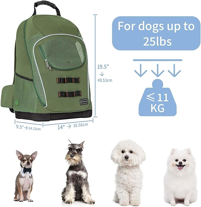 Petsfit Pet Dog Carrier Backpack with Upgraded Weight Reduction Design, Cat Dog Backpack with Large Ventilations, Easy-Fit for Traveling Hiking Camping for Small Medium Dogs and Cat, Green