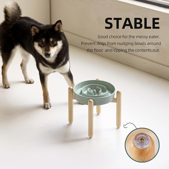 Havniva Elevated Slow Feeder Dog Bowls, Ceramic Dog Bowl Slow Feeder | 1.6 Cups Raised Slow Feeding Bowl for Medium Breed, Puzzle Dog Food Bowl with Wooden Stand, Non-Slip, Anti-Choking