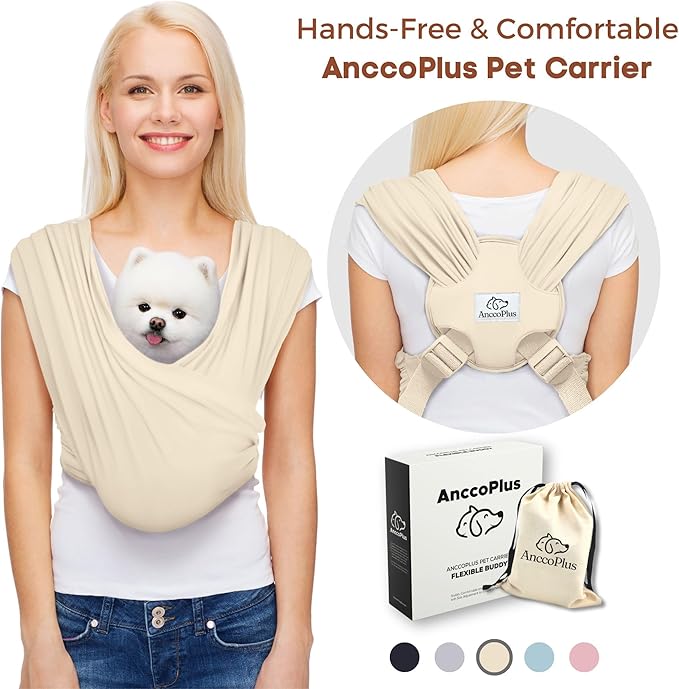 Small Dog Sling Carrier, Hands-Free, Beige, Regular | Patented Front Carrier Reduces Back and Neck Strain; Adjustable, Soft Cotton, 3D Air Mesh for Puppies & Cats up to 20 lb