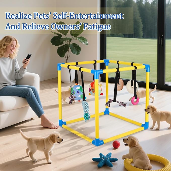 Liitrton Puppy Play Gym for Small Dogs with 8 Hanging Toys, Yellow | 19.5"x19.5"x19.5" PVC Frame, Indoor Puppy Jungle Gym with Interactive Puppies Toys