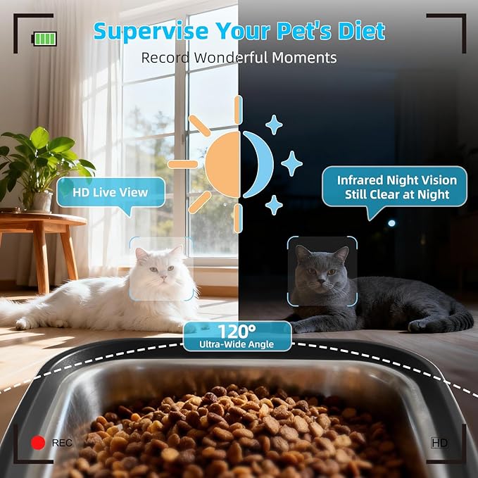TYM 7L Automatic Cat Feeder with 2K Camera - 5G WiFi Cat Timed Food Dispenser with Smart APP Control, Programmable Timed Feeding, Night Vision, 2-Way Audio, Laser Interactive, Easy Setup