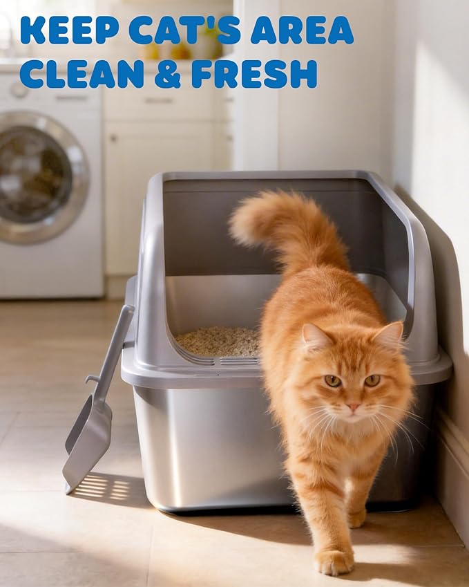 Powools Stainless Steel Cat Litter Box, Metal Litter Box with Scoop, High- Sided, Anti-Leakage Top Entry, Non-Sticky, Easy to Clean, Grey, M (2 Pack)