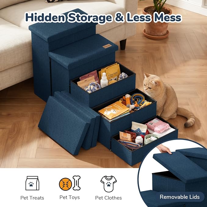 5-Step Wide Dog Stairs with Storage 23" H, Non-Slip Sturdy Pet Steps for High Bed Couch Window, Pet Stairs for Small/Medium/Large Old Dogs Cats Up to 220lbs, Cat Dog Steps for Car/SUV, Navy
