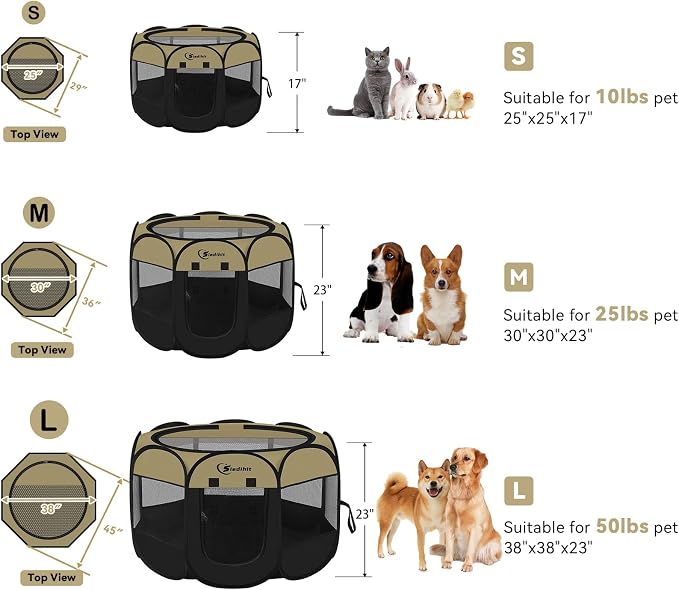 Siedihit Dog Cat Playpen, Medium Puppy Pet Playpen, Dog Crate Tent Cage | Indoor/Outdoor, Portable Pop Up Dogs Kennel Playpen with Carrying Case for Dogs/Cats/Rabbits(Black Khaki, Medium)