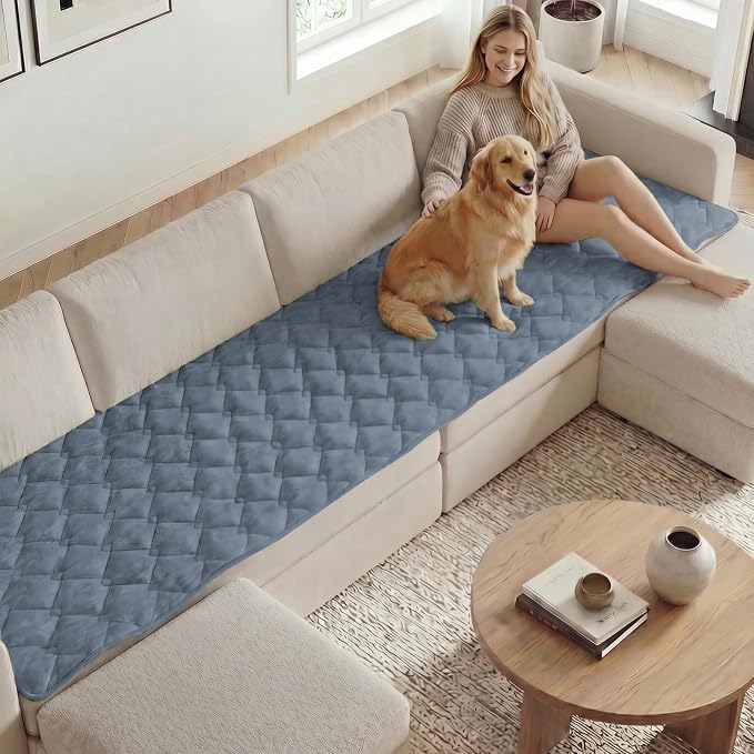 H.VERSAILTEX Chenille Couch Cover for Dogs Washable Soft Fuzzy Extra Large Sofa Slipcovers Sectional Sofa Cover Thick Pet Couch Cover Protector Non-Slip Dog Bed Cover(Stone Blue, 28" x 134")