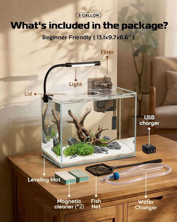 Glass Fish Tank Kit, 3 Gallon Betta Fish Tank Aquarium Starter Kit with Filter, Lights, Lid, for Betta, Goldfish, Small Fish or shrimg，Clear
