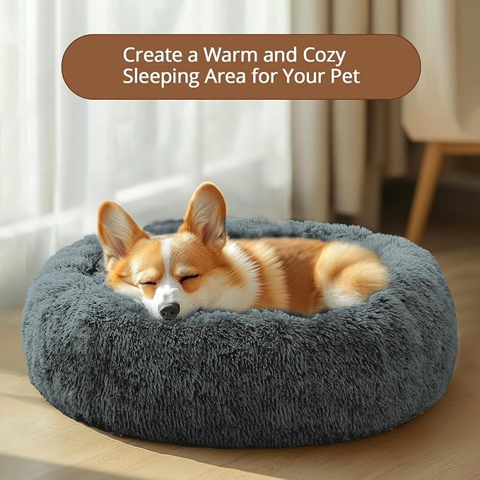 JOLLYVOGUE Calming Dog Beds Large Sized Dog, 36in Donut Washable Large Pet Bed, Anti-Slip & Anti-Anxiety Fluffy Faux Fur Round Dogs Bed, Fits up to 80 lbs Pets (Navy Grey)