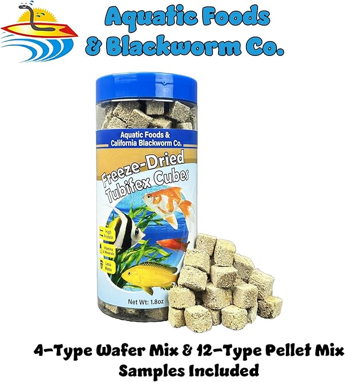 Aquatic Foods Inc. Tubifex Worms, Freeze Dried Tubifex Worm Cubes for Cichlids, Discus, Bettas, Marine Fish, Goldfish, Tropical Fish, 4-Type Wafer Mix & 12-Type Pellet Mix Included..1.80oz Canister