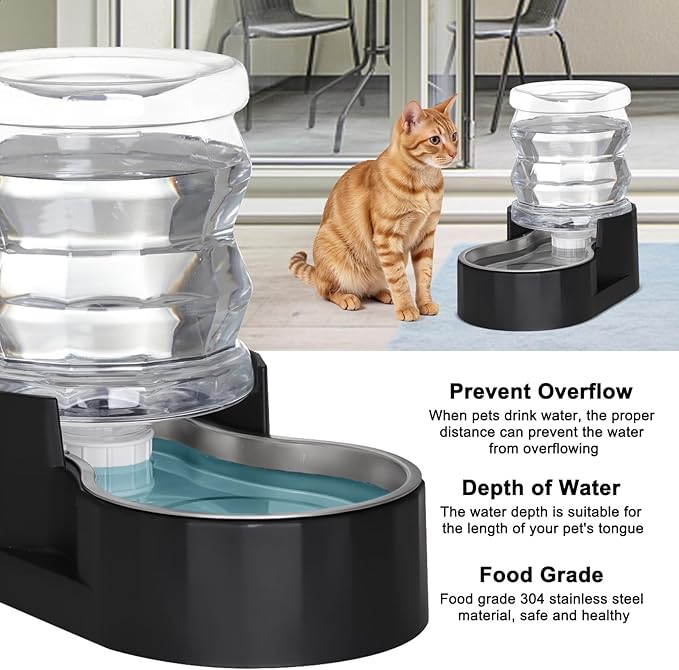 Distributeur d'eau automatique par gravité RIZZARI pour animaux : Gamelle en acier inoxydable noir de 4L sans filtre - Grande capacité pour chiens et chats - Idéal pour la cuisine - le salon - ou le couloir