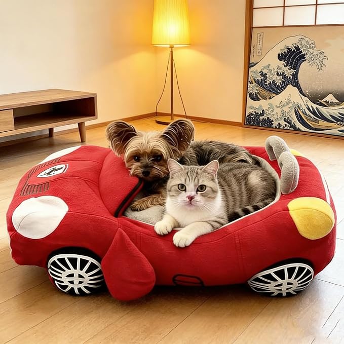 Fun Car Shaped Pet Bed Dog Beds Removable Pillow Washable Pet Bed Cat Beds Fulffy Anti-Slip Pet Sleeping Mat Accessories Indoor and Outdoor Large,Medium,Small Dogs Breeds (Red 2)