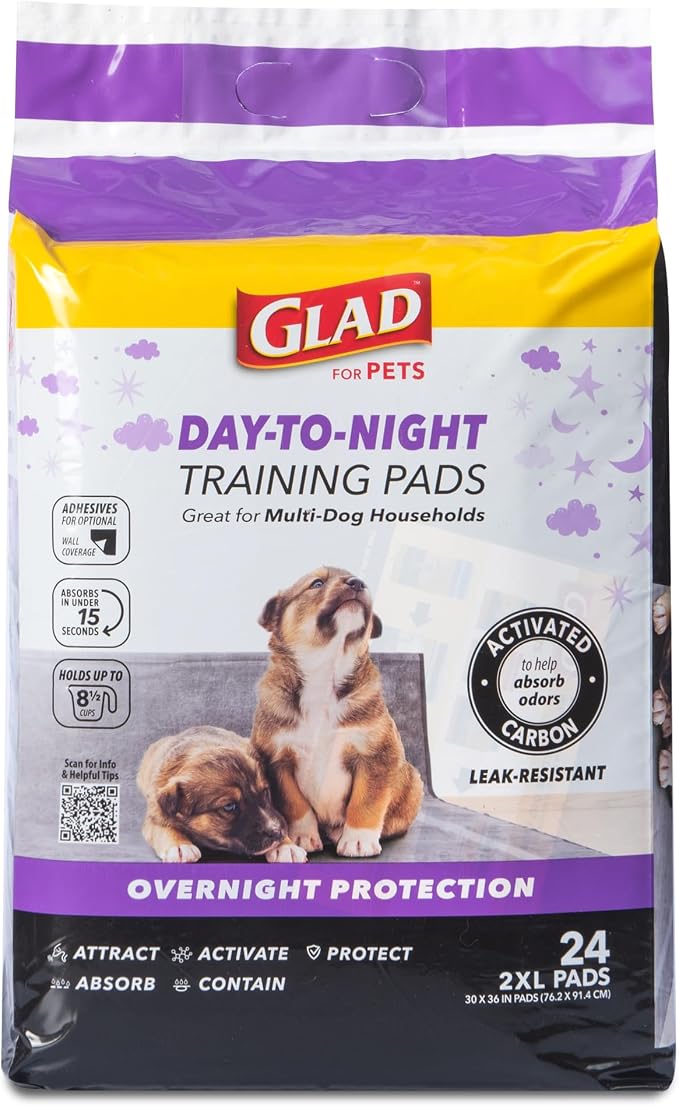 Glad for Pets Giant Activated Carbon Training Pads, 30 x 36 In, 24 Count | Adhesive backing and wall protection for leak-proof, super-absorbent day-to-night coverage