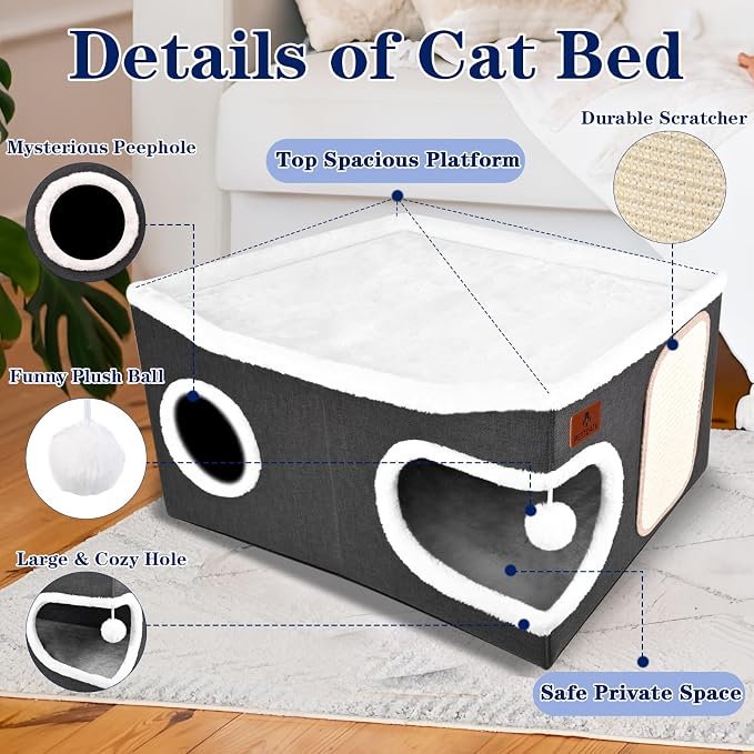 Extra Large Cat Beds for Indoor Cats, Covered Cat Cave Beds & Furniture with Scratch Pad and Fluffy Ball, Foldable Cat Condo with Reversible Cushion for Multi Small Pet Large Kittens, Dark Grey