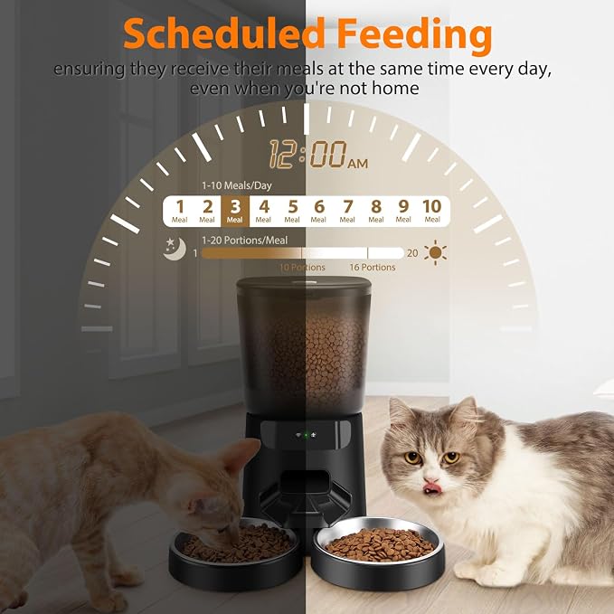 Automatic Cat Feeders for Two Cats, 5L/20 Cups Double Automatic Cat Food Dispenser with 2 Stainless Bowls, Timer Setting 20 Portions 6 Meals Per Day, 10s Meal Call (WiFi丨 Black)