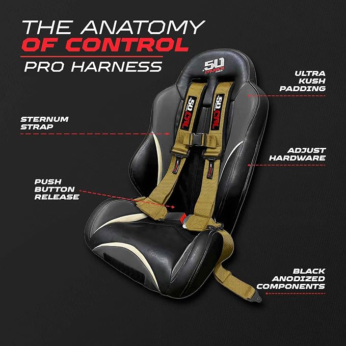 1pc 50 Cal Baja Gold 4 Point Harness 2in Straps, Racing Harness Seat Belt | Ultra Kush padding, Push Button quick release hardware. Universal Fit for UTV, RZR, race car.