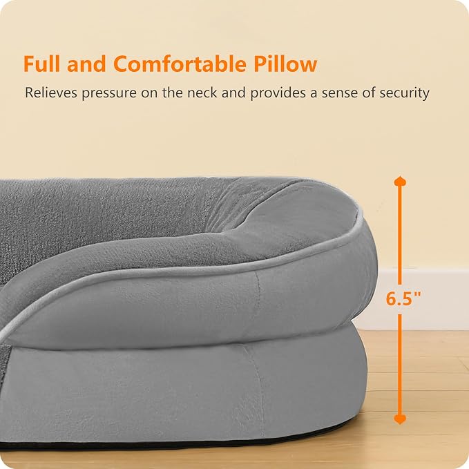 Dwanton Orthopedic Dog Bed for Large Dogs with Gel Memory Foam, Waterproof Dog Sofa, Washable Pet Bed with Four Sided Bolster Cushion, Removable Cover & Non-Slip Bottom, 42", Medium Grey