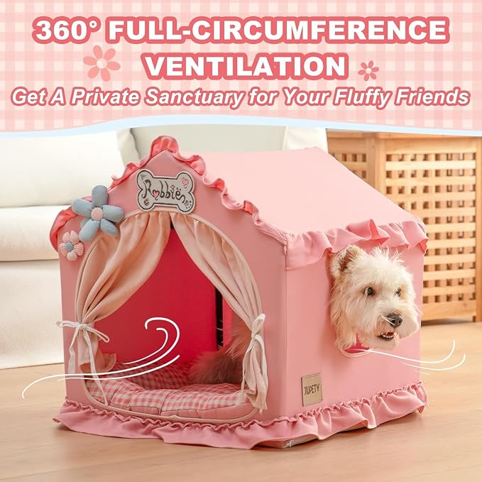 Indoor Dog House with Frame, Cute Dog Tent Bed with Cover Cave | Breathable, Washable, and Foldable House, Suitable for 14-26 Lb Puppy and Cats, Medium (20"×20"×20"), Pink
