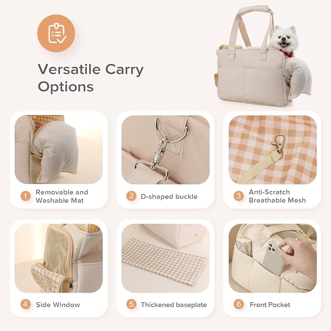 JourCraf Dog Purse Carrier for Small Dogs & Puppies Up 12 Lbs, Soft Cotton Tote Pet Shoulder Bag with Pockets, Foldable & Washable Breathable Puppy Carrier for Yorkie, Chihuahua & Cats - Beige
