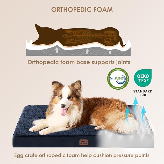 EHEYCIGA Orthopedic Dog Bed Large with Removable Washable Cover, 47IN Navy | Egg Crate Foam Support,Durable Oxford fabric,Non-Slip Bottom,Machine Washable,Soft Waterproof Plush Pet Bed Mat For Crate