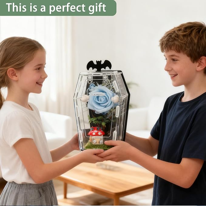 Coffin Shape Jumping Spider Enclosure, Acrylic Magnetic Terrarium with Feeding Hole, Front Opening Gothic Habitat for Tarantula Mantis Beetle