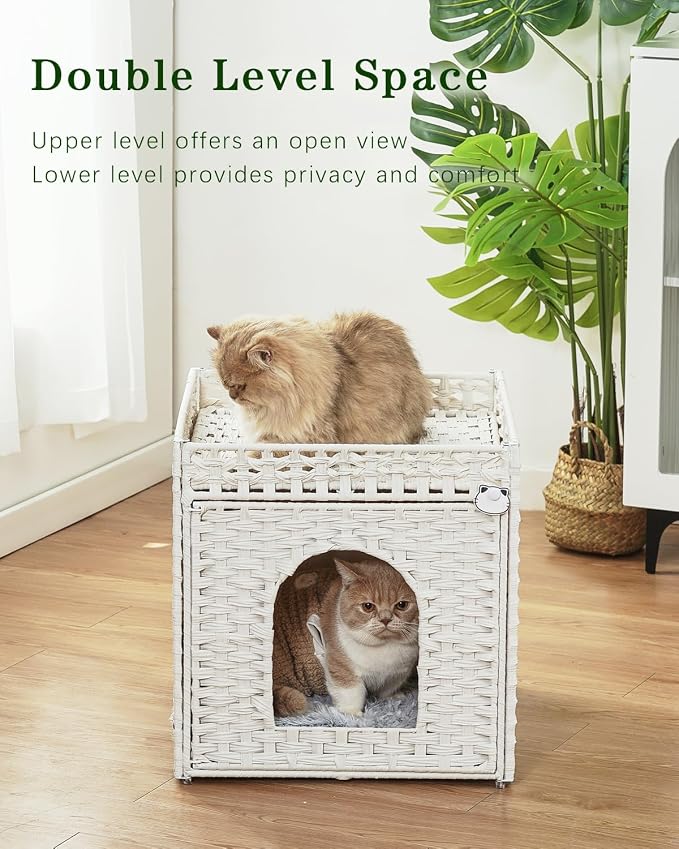 SETVSON Cat Houses for Indoor Cats Extra Large Double Cat Cave, White | Decorative Furniture Look, Private Hideaway for Shy Cats, Soft Dual-Purpose Cushion, Easy Wipe-Clean PE Rattan, Collapsible