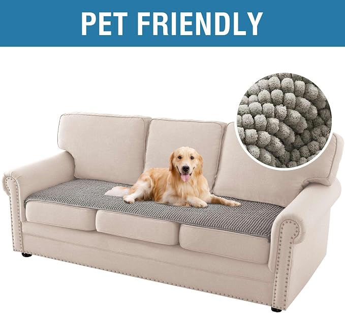 H.VERSAILTEX Plush Chenille Couch Cover for 3 Cushion Couch Anti Slip Washable Sofa Slipcovers Soft and Durable Furniture Protector for Dogs Cats Kids (27.5" x 71", Dove)