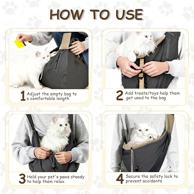 Dog Carrier Sling for Small Dogs/Cats Up to 15 lbs - Multi-Pocket Oxford Pet Sling Carrier Bag with Adjustable Strap (Black)