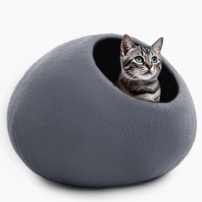 Luxurious Merino Wool Cat Cave - Foldable Hideaway Pod for Indoor Cats - Premium Felt Kitten Pet Enclosure - Covered Cat House for Ultimate Cozy Comfort by Woolygon (Grey Plain)