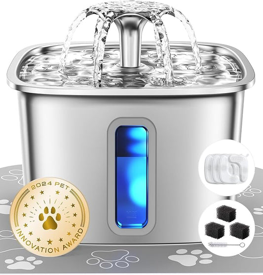 Veken Innovation Award Winner Stainless Steel Cat Water Fountain, 108oz | Automatic Pet Fountain Dog Water Dispenser with 3 Replacement Filters & Silicone Mat, Gifts for Cats, Dogs (Silver)