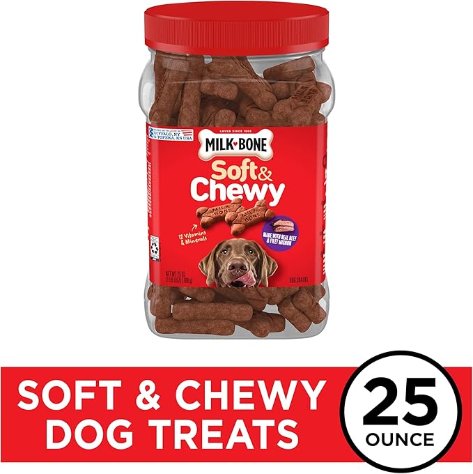 Milk-Bone Soft & Chewy Dog Treats, Made with Real Beef & Filet Mignon, 25 Ounce Canister